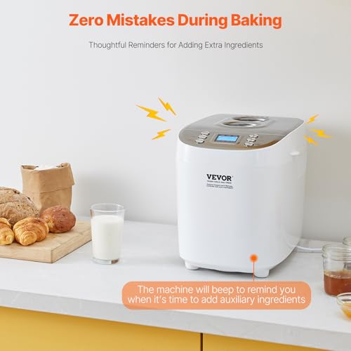 Image of VEVOR Bread Maker, Dough Machine 15 Menus in 1, Non-Stick Ceramic Pan Automatic Breadmaker with Non-Gluten Setting, Whole Wheat Bread Making, Digital, Programmable, 3 Loaf Sizes, 3 Crust Colors, White