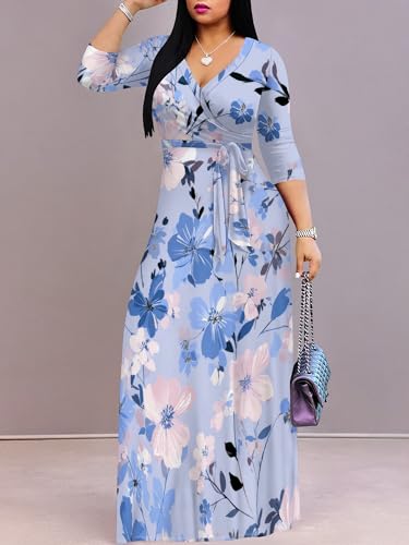 Image of Plus Size Dresses for Women Floral Print Maxi Dress Flowy 3 /4 Sleeve with Belt