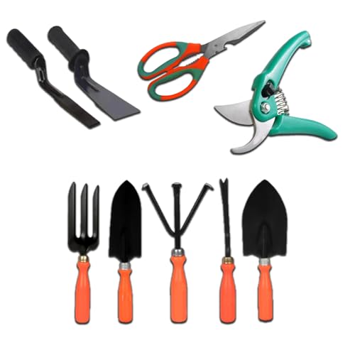 Image of Ocean Mart Gardening Tools Kit - 9 Pcs (Cultivator, Fork, Trowels, Weeder, Garden Scissor, Khurphi Set, Pruner Cutter) | Gardening Tools Set for Home | Indoor and Outdoor Gardening