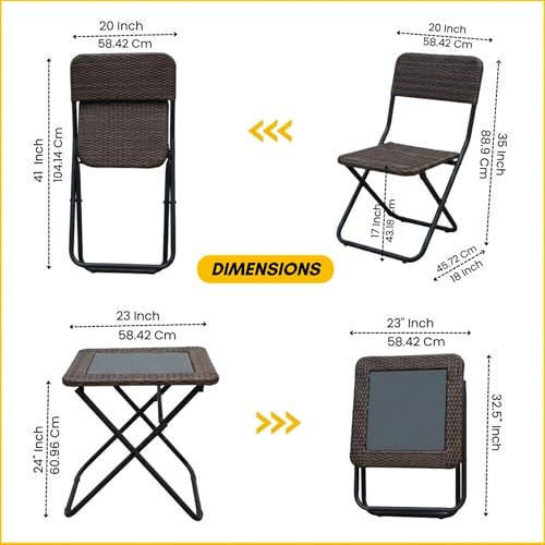 Image of DEVOKO Foldable 3-Piece Outdoor Patio Wicker Furniture Set with Glass Top Table, All-Weather HDPE Rattan, Rustproof Metal Frame for Garden, Balcony & Lawn (Dark Brown)