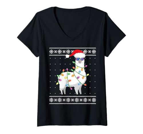 Mulher alpaca Christmas Tree shirt Funny Ugly Christmas Sweater t-shirt decote V