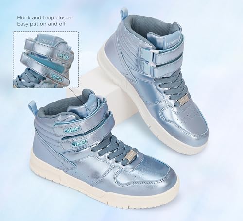 Image of LUCKY STEP Women High Top Fashion Sneakers Ankle Boots | Basketball Walking Tennis Shoes Platform Hook and Loop Faux Leather Sneaker