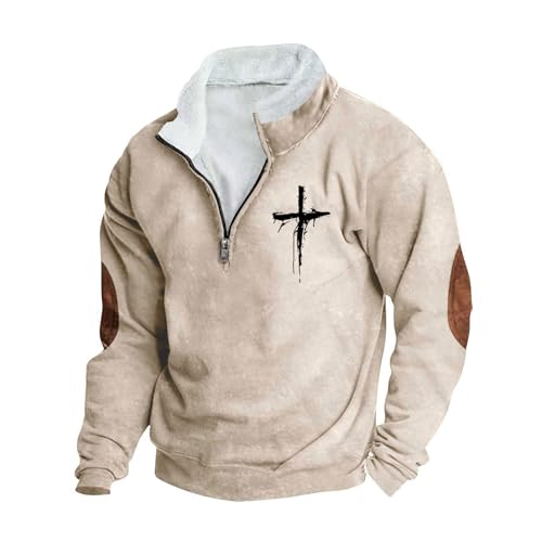 Mens Fleece Quarter-Zip Collar Cross Jesus Christ Christians Muscle Sweatshirt Elbow Patch Long Sleeve Tops Sweater