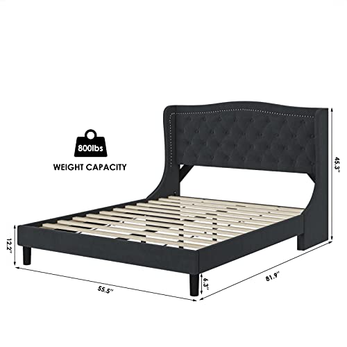 Hostack Full Size Bed Frame, Modern Upholstered Platform Bed With Wingback Headboard, Heavy Duty Button Tufted Bed Frame With Wood Slat Support, Easy Assembly, No Box Spring Needed(Gray, Full) #TOP1