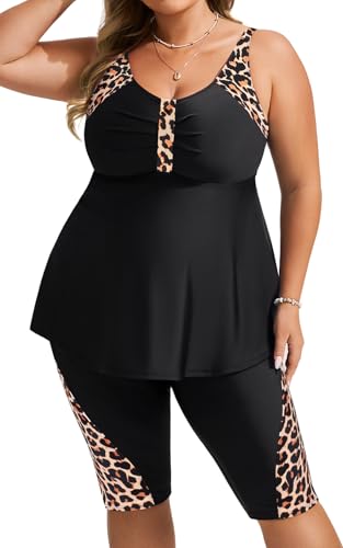 Hanna Nikole Women's Bathing Suits for Big Chest Plus Size Two Piece Tankini Swimsuits Tummy Control Swimwear Leopard＆Black 18 Plus