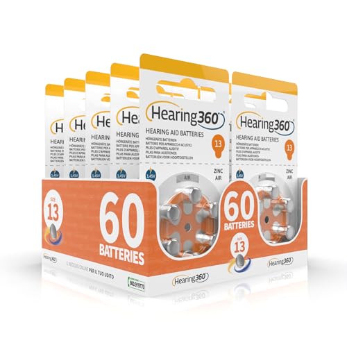 Hearing360 batterie per apparecchi acustici PR48 misura 13, pile senza mercurio extra durata e affidabilità (10 blister arancioni, 60 pile)