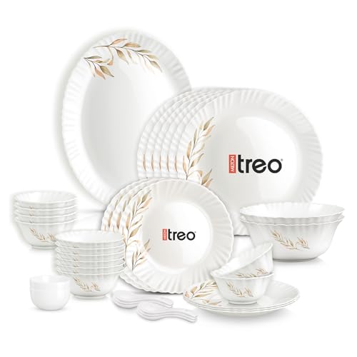 Image of Treo by Milton Opalware Aurelia Selene Dinner Set of 35 | Serving for 6 | Microwave & Dishwasher Safe | Bone-Ash Free | Tempered Toughness | Plates, Bowls, Spoons | Crockery Set for Dining & Gifting