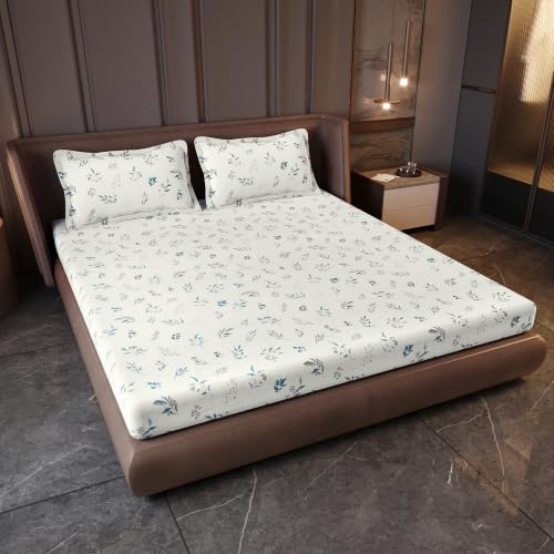 Image of Divine Casa King Size Fitted Bedsheet with 2 Pillow Covers (200 x 180 CM) | Cotton Twill Satin Floral Print | Cream Beige Elastic Fitted Sheet for Mattress.