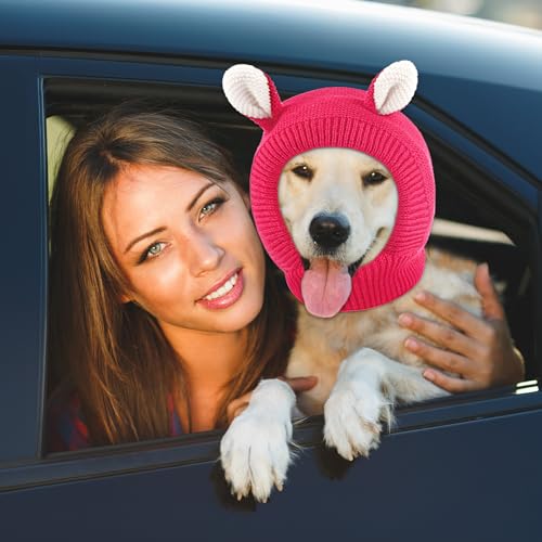 Image of Frienda Dog Ear Muffs Noise Protection, Neck 14.96 Inch Fits Medium Dogs, Knitted Calming Hood for Dogs, Fireworks Thunder Anxiety Relief, Fleece Inner Warm Beanie Hat(Rose Red)