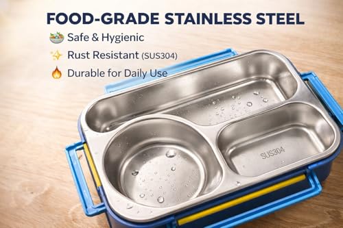Image of Premium Stainless Steel Bento Lunch Box | Leakproof 3 Compartment Tiffin Container with Secure Lock Lid | BPA-Free Food Storage Box for School, Office & Travel (with Spoon Fork Set)