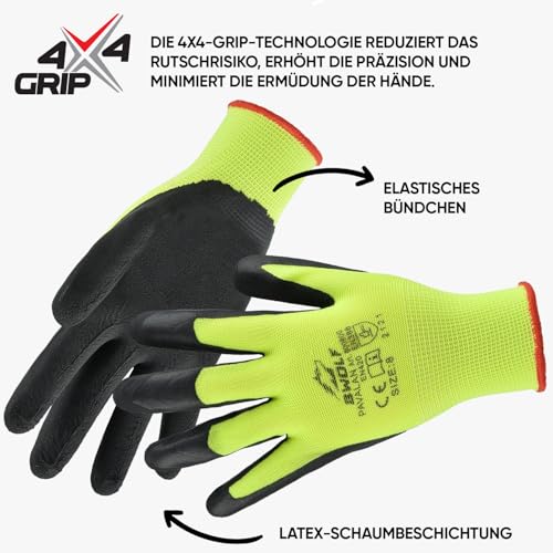 BWOLF PAVALAN 12 Paar Handschuhe Arbeitshandschuhe Herren Arbeitshandschuhe Damen Mechaniker Handschuhe Herren Montagehandschuhe mit robuster Latex Beschichtung (12, 10) – Bild 5