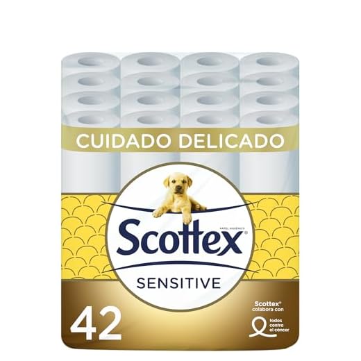 Scottex Papel Higiénico Sensitive 42 rollos con 3 capas cuidado delicado gracias al toque de leche de almendras (7 packs de 6 rollos)
