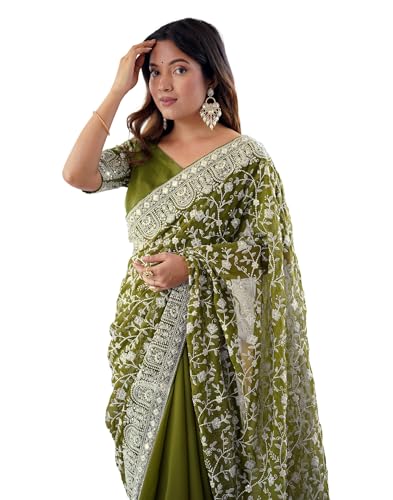 Image of SIRIL Women's Georgette Embroidery Saree With Unstitched Blouse