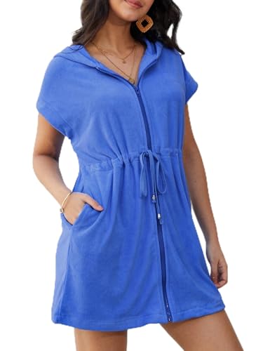 Yimoon Terry Cloth Swimsuit Coverup Women Hooded Bathing Suit(Blue-L)