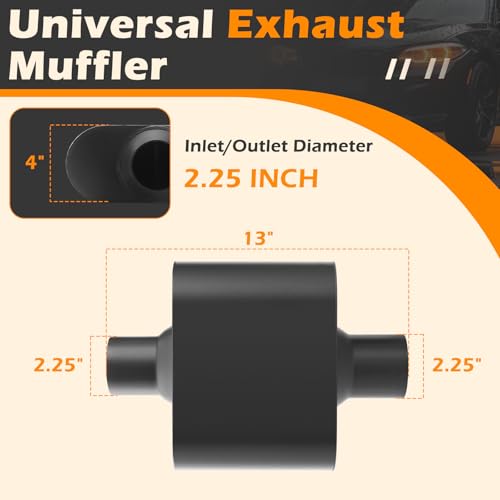 Image of A-KARCK Universal Exhaust Muffler 2.25 inch Center Inlet 2.25 inch Center Outlet, 13 inch Overall Length Aluminized Steel Aggressive Sound Race Muffler for Cars, Trucks (Black)