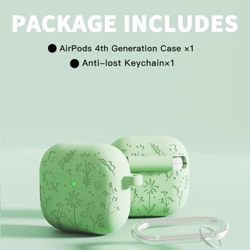 Image of New Engraved Soft Silicone Case Compatible with Apple AirPods 4 Generation (2024) with Keychain, Full 360 Protection Dust-Proof Shockproof Case Cover (Cover Only) (Grass Green)