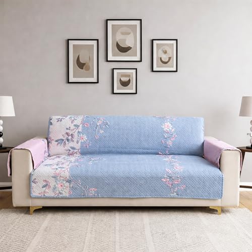 Image of Homerz Premium 3 Seater Quilted Reversible Sofa Cover Mat with Pocket Arms | Polyester Blend 350 GSM Full Coverage & Back Belt for Stability (Velaro, 3 Seater)