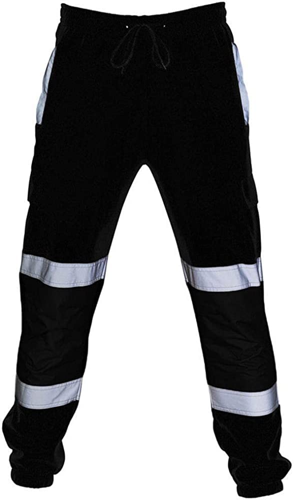 HUAZONG Pantalon de jogging haute visibilité haute visibilité avec bande réfléchissante à rayures bicolores imperméable et épais, Noir , L