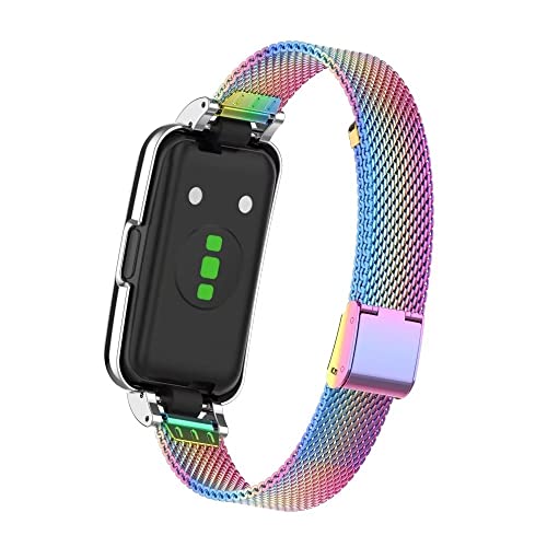 T-BLUER Compatible for Huawei Band 8 Strap,Stainless Steel Metal Replacement Band Bracelet Wristband Accessories with Metal Frame for Huawei Band 7/8/9 Rainbow - Image 3