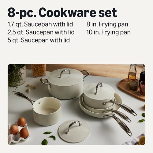 Amazon Basics Ceramic Nonstick Cookware, 8-Piece Set of Pots and Pans, Dishwasher and Oven-Safe, All Cooktop Friendly, Linen Gray