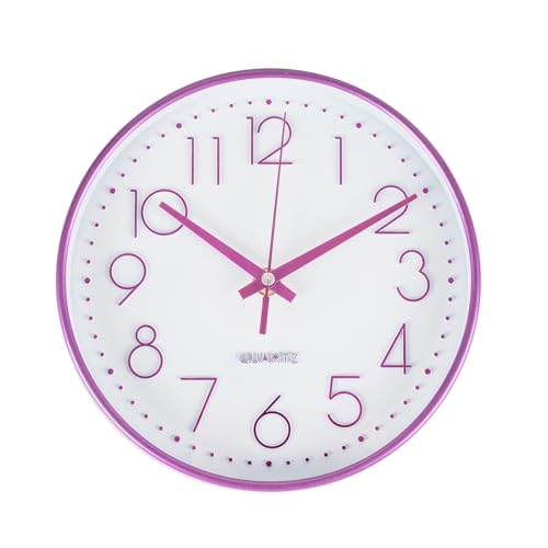 SURPN Wall Clock, Silent Non Ticking, 8 Inch Small Wall Clocks, Battery Operated Decorative Modern Round Wall Clock for Office, Home, Bathroom, Kitchen, Bedroom, School, Living Room - Purple