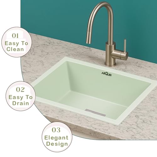 Image of ARQUIN Quartz Sink 24x18x9 Inch Sand Choco | Single Bowl Sink | Durable & Scratch-Resistant | Undermount /Topmount Including Coupling, Waste Pipe & Fruit Washing Basket