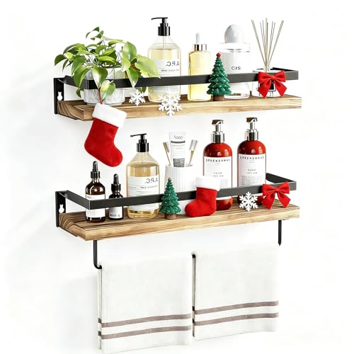 AMADA HOMEFURNISHING Bathroom Shelves with Towel Bar, Floating Shelves, Wall Shelves for Bathroom/Living Room/Kitchen/Bedroom, Light Brown, Set of 2 - AMFS01