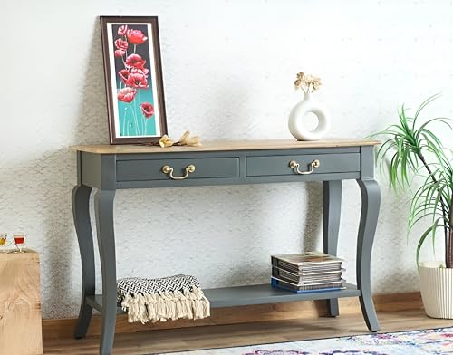 Image of Wooden Console Table with 2 Drawers, Natural Wood Top, Curved Legs, Entryway Sofa Table, Sheesham Wood Study Table with Shelf Storage, 46Lx17Wx30H Inches. (Cool Grey)