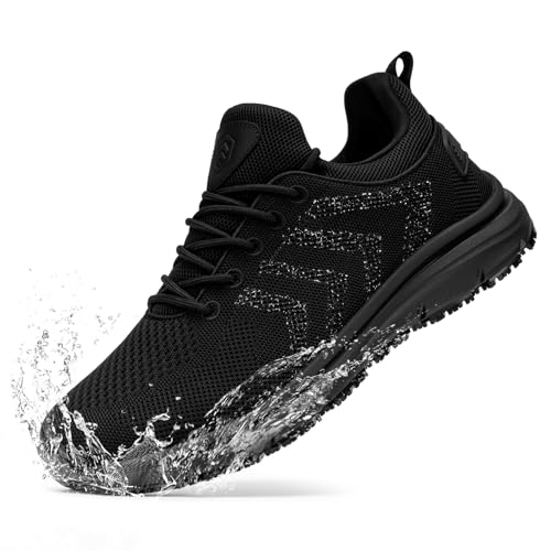 LARNMERN Mens Non Slip Work Shoes Water Resistant Walking Sneakers Zapatos Trabajo Waterproof Food Service Comfortable Chef Kitchen（Silver Silk Black，10.5）