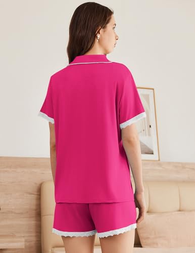 Ekouaer Womens Short Sleeve Pajamas Set Soft Sleepwear Button Down Lounge Set Lace Top and Shorts Pj Nightwear3