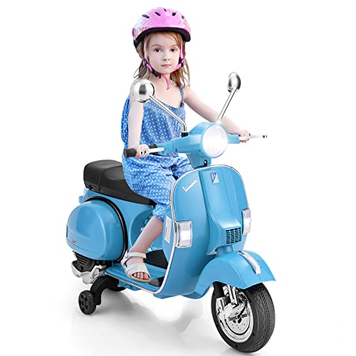 OLAKIDS Kids Vespa Scooter, 6V Ride On Motorcycle with Training Wheels, Music, Horn, MP3, USB, LED Lights, Electric Battery Powered Toy for Toddler Boys Girls (Blue)