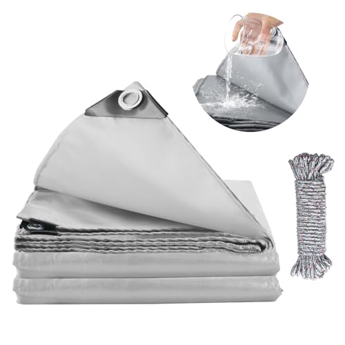KJLEEN 3×5m Tarpaulin Waterproof Heavy Duty Tarp 440g/m² PVC Grey Tarp with Eyelets & 10m Rope, UV-Anti Large Tarpaulin for Boat Truck Trailer Garden Furniture Roof Cover Camping Ground Sheet