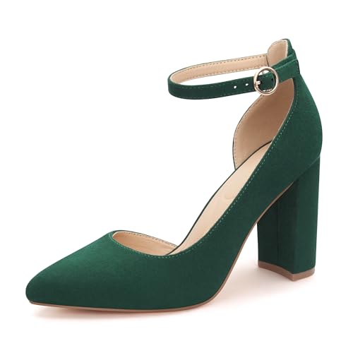 Women's Closed Toe Pumps 3-Inch Chunky Heels Pumps Ankle Strap Dress Wedding Shoes