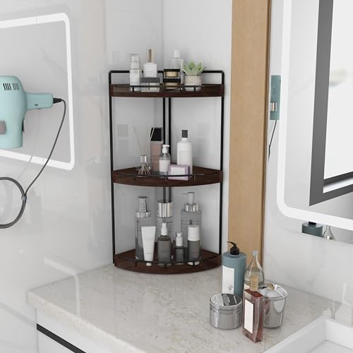 Image of Dorhors 3-Tier Corner Bathroom Organizer Countertop for Storage,Vanity Tray,Wood Counter Organizer for Kitchen,Bathroom,Dresser (Walnut)