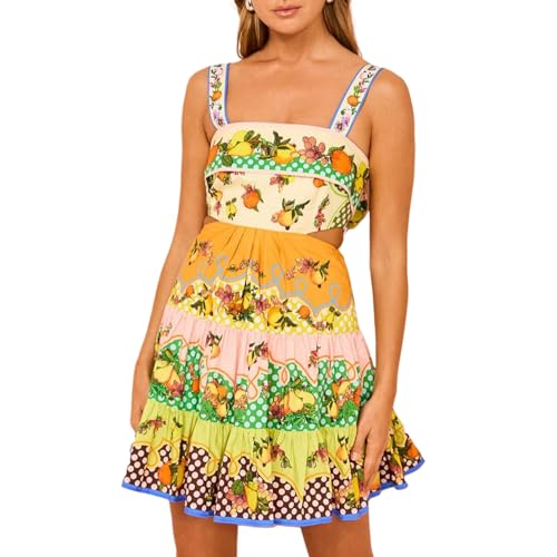 Image of Women's Summer Mini Cami Dress Cartoon Fruit Print Sleeveless Back Bow A-Line Cute Dress (Yellow, S), Small