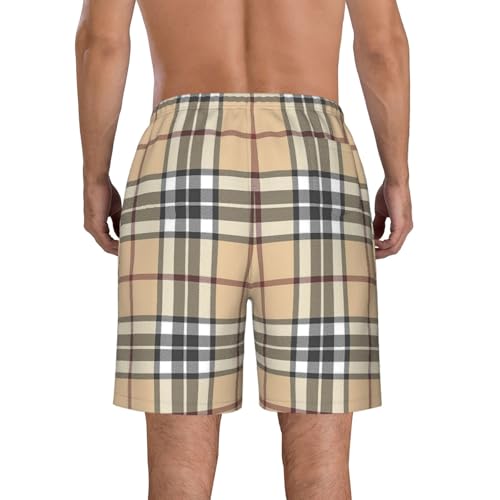 Beige Plaid Tartan Checkered Boardshorts Men's Casual Swim Trunks Quick Dry Drawstring Beach Swim Shorts3