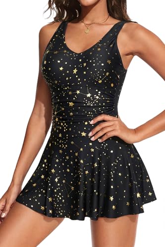 Image of Yonique One Piece Swimsuits for Women Modest Tummy Control Swimdress Vintage Bathing Suits Skirt Swimwear