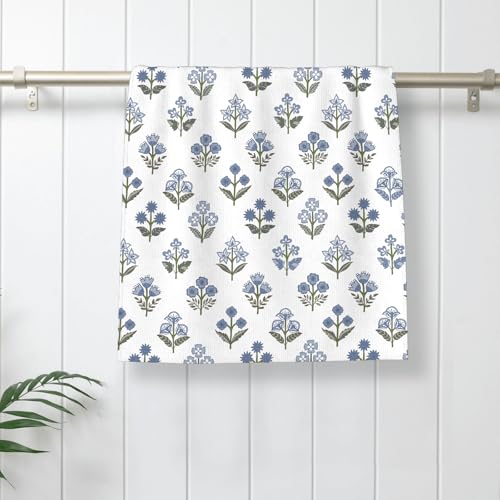 Image of Blue Sage Green Block Print Spring Floral Kitchen Towels Vintage Flower Dish Towels, 16x24 Inch Farmhouse Summer Holiday Decoration Absorbent Hand Towels for Kitchen Drying Decor Set of 2
