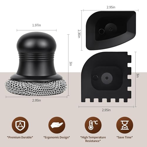 Image of 316 Upgraded Cast Iron Scrubber with Pan Scraper,Cast Iron Cleaner for Grill Pan Skillet Wok Carbon Steel,Ergonomic to Hold Easy to Use Dishwasher Safe ((Small Chainmail,2pcs))