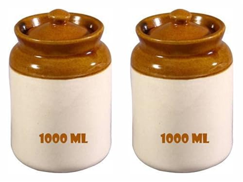 Image of Handmade Ceramic Pickle Jar With Lid (Set Of 2) | Achar Container | 1000Ml Containers For Pickles & Spices | Ceramic Jars For Kitchen Storage |1 Kg Achaar Martban | Salt Container, Brown
