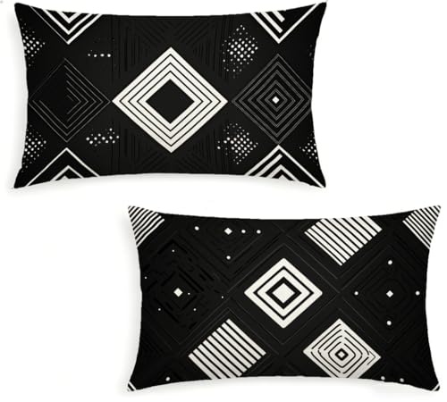 Negro Fundas Cojines 30x50 Juego de 2 Fundas de Cojines Geometría Lino Cojines Rectangular Decorativos con Cremallera Oculta para Cama Decoración Sofás Sala de Estar Dormitorio Exterior -1513