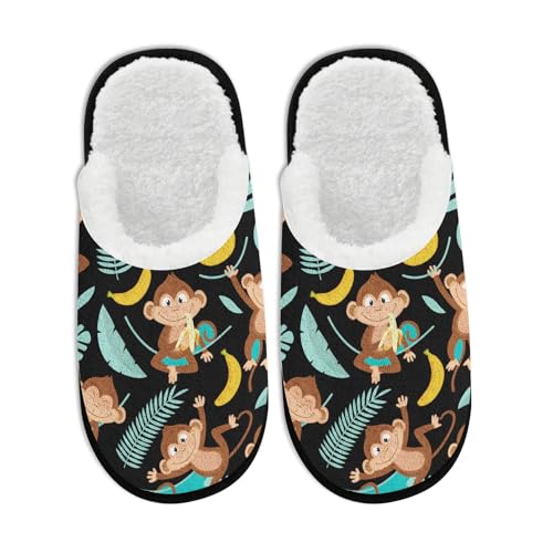Fuzzy Travel Slippers for Women Men Indoor Outdoor Funny Cartoon Monkey & Banana Print Bedroom Fluffy Slipper Fleece-Lined Fall Winter Warm Cozy Soft Plush House Shoes Holiday Gifts