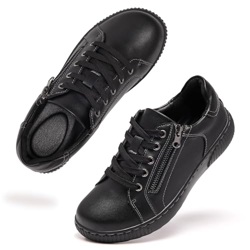 Orthopedic Shoes for Women Leather Oxford Loafers Side Zipper Fashion Sneakers Business Causual Shoes with Lace-up All Black Size 8 - Image 7