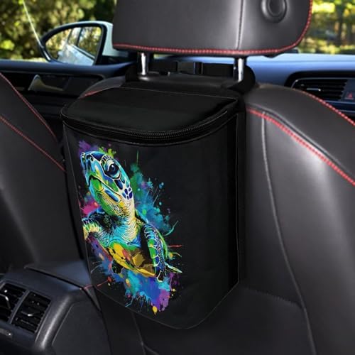 Image of Talayituse Turtle Paint Splatter Print Car Trash Can with Adjustable Straps, Foldable Car Trash Bag Bin Car Garbage Bag Multipurpose Storage Box for Vehicle Travel Camping Picnicing
