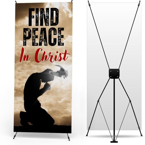 DreamController Church X-Stand Banner by DC | 30"x65" Adjustable Tripod Display | Find Peace in Christ Vertical Banner for Trade Shows & Events | Cross Stand Included | Made in USA