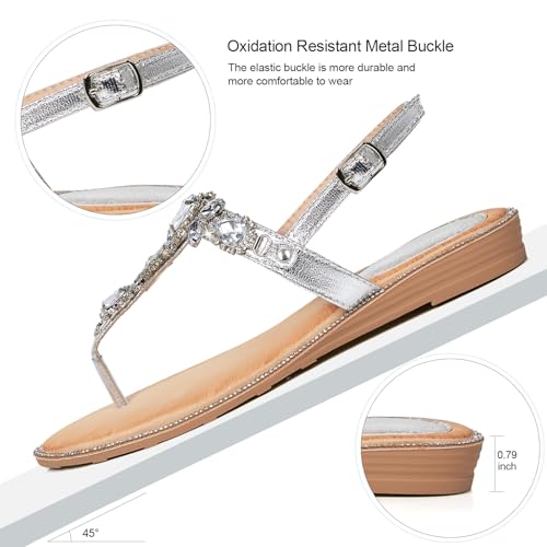 Image of iCKER Women Rhinestone Sandals T-Strap Buckle Bohemian Pearl Crystal Flat Sandals