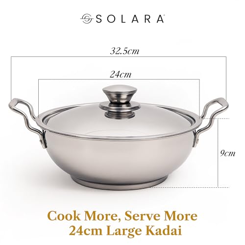 Image of SOLARA Sterra Stainless Steel Kadai /Kadhai with Lid, 24cm /9.4 inch, 3Ltr, Induction Base Friendly, 3-Layer Triply Thick Sandwich Bottom, 100% Toxin-Free, No Chemical Coating