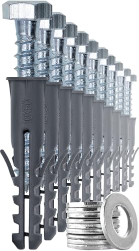 1STec 10 x M10 x 50 mm Strong Galvanised Satellite Anchor Nylon Mungo Wall Plug + Heavy Duty Coach Screw with 13mm HEX Bolt Head for Fixing Aerial Mast Sky Dishes TV Mount Brackets Shelving Racking