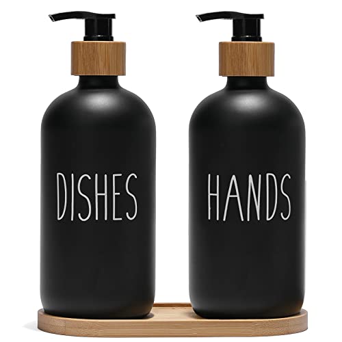 FEILANDUO Glass Soap Dispenser Set, Dish Soap Dispenser for Kitchen Sink, Hand Soap Dispenser for Bathroom with Bamboo Pump and Soap Tray, Farmhouse Home Decor (A- 2pcs Black)
