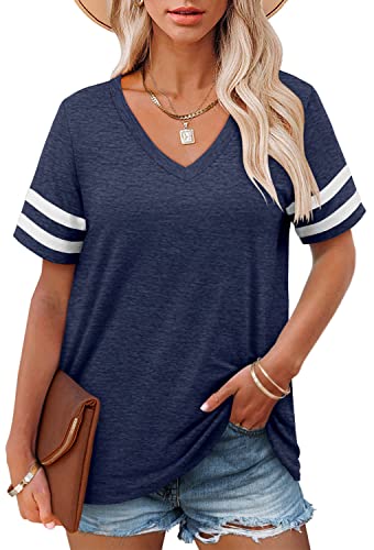 Angerella V Neck Tshirts Shirts for Women Short Sleeve Plus Size Summer Casual Tops Navy Blue 2XL